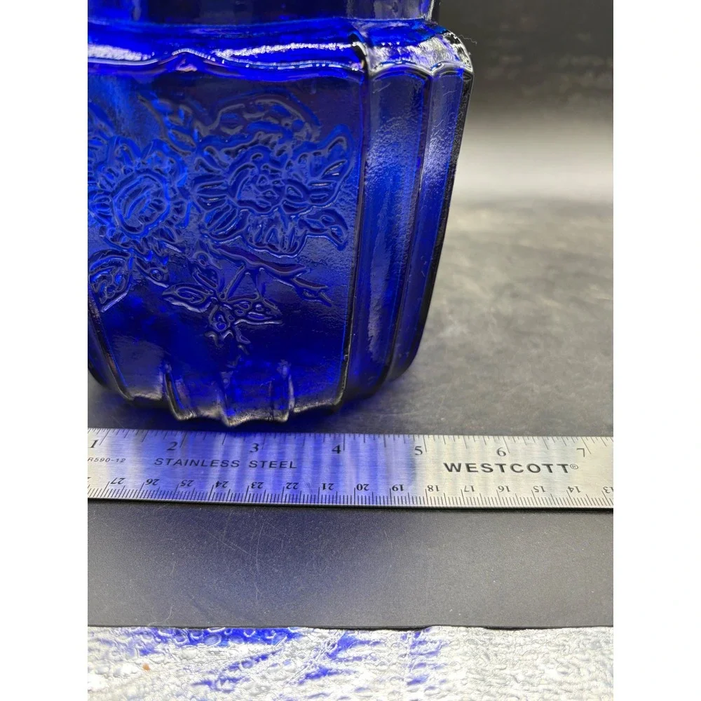 Vintage Cobalt Blue Glass Canister Floral Rose Embossed Lidded Jar 6